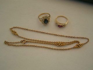 2 14k Gold Ring Ruby Diamond Sapphire,  14k Gold Necklace Vintage 14.  7 Grams