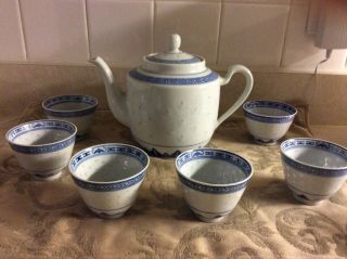 Rice Grain Tea Pot And 6 Cups,  White Porcelain With Blue Decoration