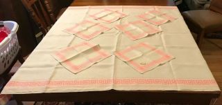 Vintage Czech Heavy Linen Tablecloth & 6 Napkins,  Cream Color & Pink Border
