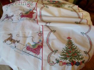 2 Vtg Christmas Hand Embroidered Table Runners Christmas Tree Santa Sleigh Holly