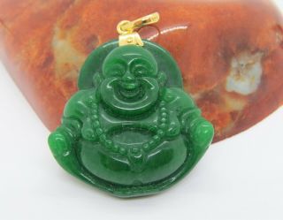 18k Solid Yellow Gold Green Jadeite Jade Laughing Buddha,  Happy Buddha Pendant