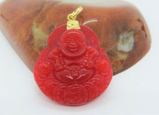 18k Solid Gold Red Jadeite Jade Carved Laughing Buddha,  Happy Buddha Pendant