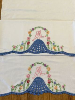 Vintage Pair Embroidered - Crocheted King - Sized Southern Belle Pillowcases