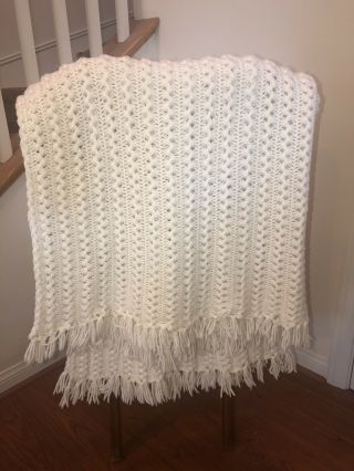 Vintage Ivory Off White Wool Crochet Knit Afghan Throw Blanket Handmade 42 X 64