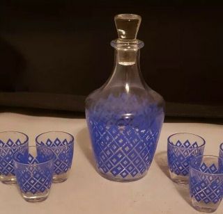 Vintage Mid Century Bar Ware Decanter Shot Glass Set Blue Geometric French Glass