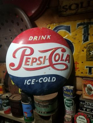 Vintage Old Pepsi Cola Metal Button Sign Gas Station General Store Soda Coke