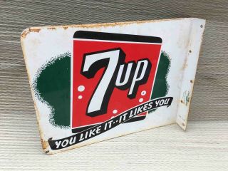 Old 7up Seven Up Soda 2 Sided Painted Advertising Flange Sign