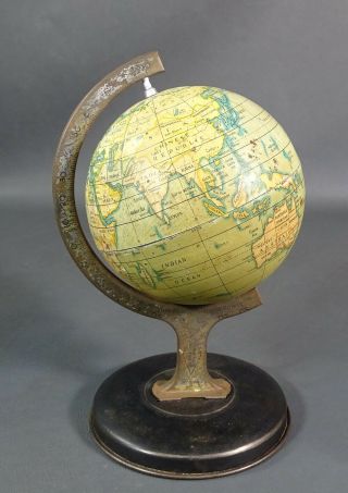 1930 English Reliable Series Litho Tin World Map Terrestrial Globe Atlas Stand