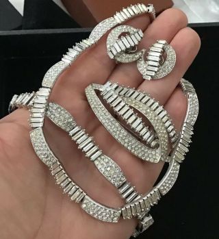 Trifari 50s Parure Necklace Bracelet Earrings Brooch Rhinestone Baguette Ex.  Con