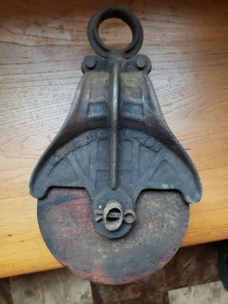 Antique Vintage Myers Ok Barn Pulley H - 298 Hay Cast Iron & Wood Steampunk