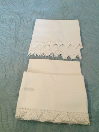 2 Pair Vintage 1940’s White On White Hand Crocheted Pillowcases,