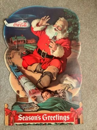 Vintage Coca Cola Cardboard Sign Santa & Helicopter