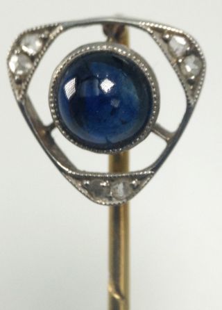 Antique Art Deco Synthetic Cabachon Sapphire And Diamond Platnium 14k Stick Pin