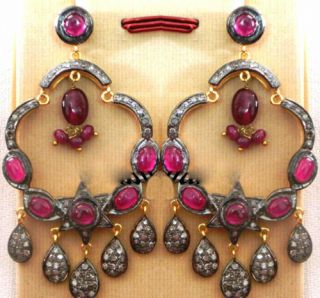 Victorian Style 2.  80ct Rose Cut Diamond Ruby Earrings K.  B