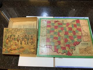 1893 Clemens Silent Teacher Ohio Puzzle Map Complete W/ Box Sherman Williams Ad