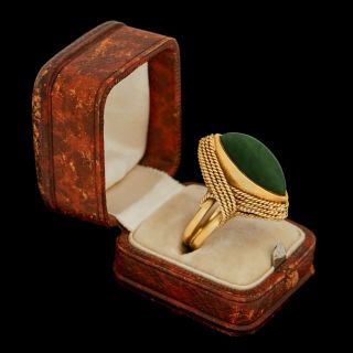 Antique Vintage Deco 18k Gold Chinese Nephrite Jade Rope Twist Heavy Ring Sz 7