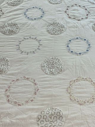 Vintage Hand Quilted Embroidery Floral Wreath Quilt