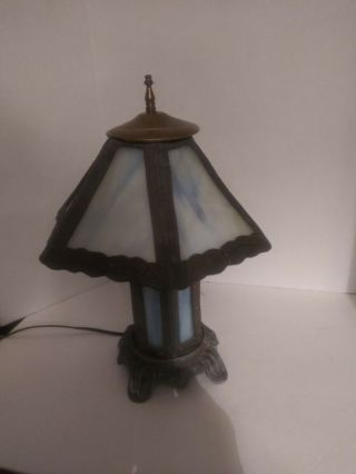 Rare Blue Vintage Slag Glass Table Lamp With Lighted Base In