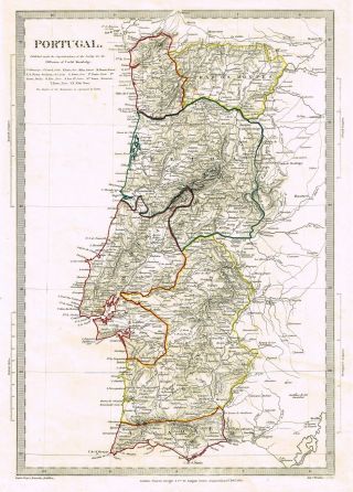 S.  D.  U.  K.  Hand - Colored,  Engraved Map - 1845 - By J & C Walker - " Portugal "