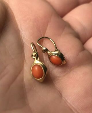 Pretty Antique French Or Italian 585 14k Gold & Coral Cabochon Earrings
