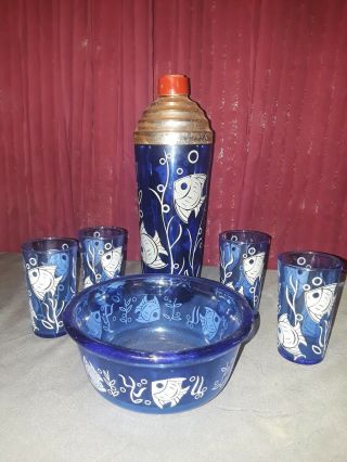 Vintage Art Deco Blue Cobalt Cocktail Shaker,  Glasses And Ice Bucket With Fish