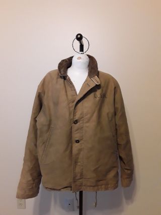 Vintage 1940 Wwii Us Usn Navy Green Deck Coat Jacket Contract Nxsx 44
