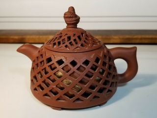 Small Chinese Yixing? Zisha? Reticulated Double Wall Teapot Signed