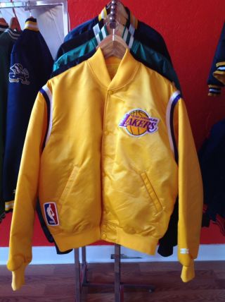 Vtg Starter Nba La Los Angeles Lakers Nylon Satin Bomber Jacket Yellow Large L