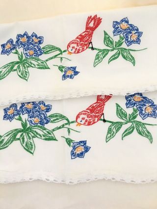 Vintage White Pillowcases Hand Embroidered,  Red Bird,  Blue Flowers