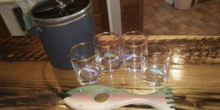 Mid Century 4 Ned Smith Lowball Glasses Big Gamefish W/leather Ice Bucket