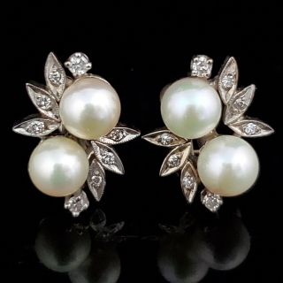 Mid Century Pearl Diamond 14k White Gold Earrings Retro Vintage Floral Gift