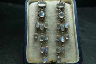 Finest Antique Edwardian Art Deco Solid Silver & Moonstone Chandelier Earrings