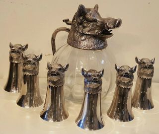 Vintage Valenti Silverplate Wild Boar Stirrup Cups Set Of 6,  Glass Pitcher