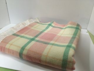 Vintage Pure Wool Pink Green Plaid Trapper Blanket 70.  5” X 80”