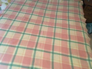 Vintage Pure Wool Pink Green Plaid Trapper Blanket 70.  5” X 80” 2