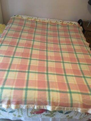 Vintage Pure Wool Pink Green Plaid Trapper Blanket 70.  5” X 80” 3