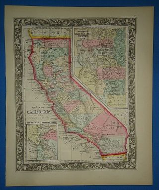 Vintage Circa 1860 California Map Old Antique Vibrant Hand Colored