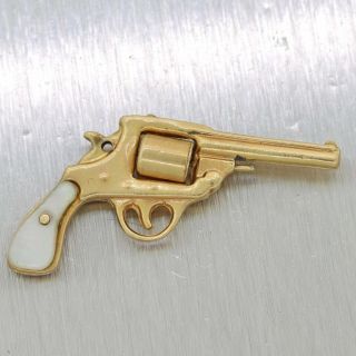 Gun Revolver Vintage Estate 14k Yellow Gold Mother Of Pearl Pendant Charm
