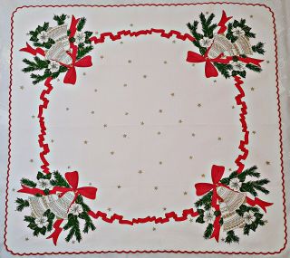 Vintage Authentic Christmas Bells Red White Cotton Blend Square Tablecloth