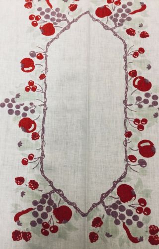 Vintage Kitchen Tablecloth Cherry Apple Grape Pear Raspberry Red White Purple 3