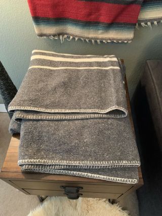 Vintage 50s Wool Camp Blanket Grey Stripes “71 X 60
