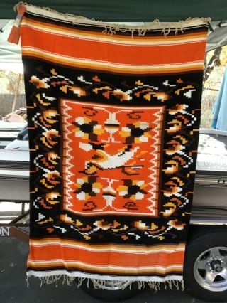 Vintage Mexican Sarape Saltillo Wool Blanket Rug Fringe Huge