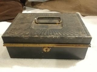 Vintage Antique Black Metal Lock Box Tin Cash Deed Document Strong Box No Key