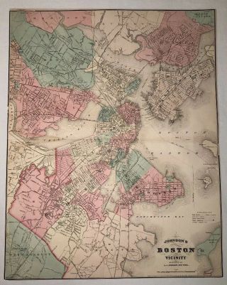 Antique 1870 Johnson’s Boston And Vicinity Map By A.  J.  Johnson,  York 2 Page