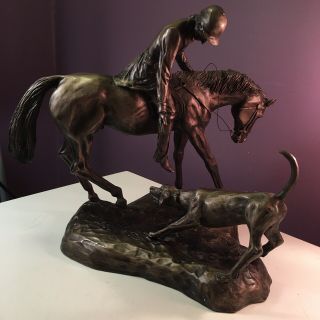 Vintage Steve Windler Bronze Sculpture Rider On A Horse With Dog