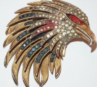 Vintage Alfred Philippe Crown Trifari Bald Eagle Red Wh Bl Rhinestone Brooch Pin