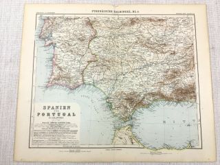 1907 Antique Map Of Spain Portugal Gibraltar Gulf Of Cadiz Tangiers German