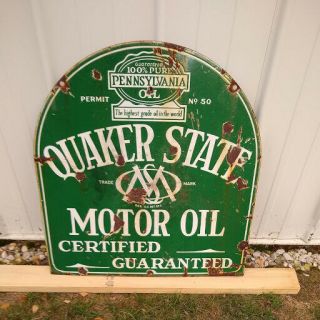 Early Quaker State Motor Oil Tombstone 2 Sided Porcelain Sign