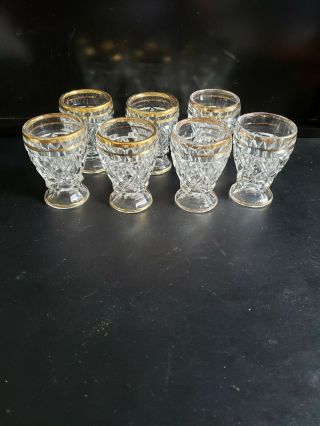 Vintage Heavy Cut Crystal 7 Shot Glasses With Gold Rim,  2 7/8 Tall