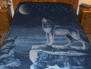 Vtg Biederlack America Howling Wolf & Stars Blanket Reversible 56 " X 72 "